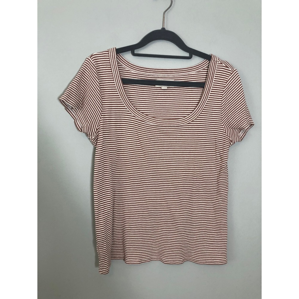 LOFT T-Shirt Womens Medium Petite Brown Striped Ribbed Scoop Neck Tee